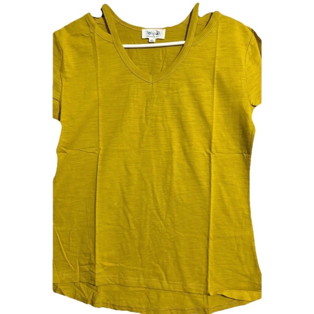 Tulip B Slub Knit Shirt Women's Large Mustard Yellow Cotton Cold Shoulder V-Neck